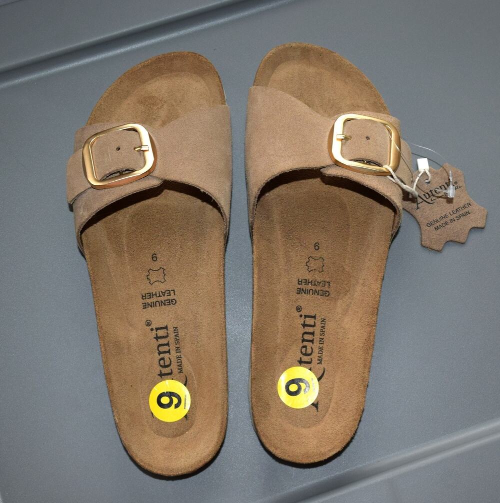 Autenti Women’s Suede Leather Cork Footbed Slide Sandals Taupe Size 9 NWT Spain